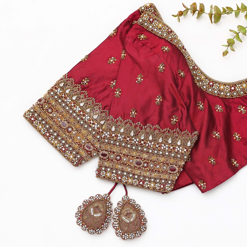 Introducing our exquisite Red Brown embroidery bridal blouse! Stitching