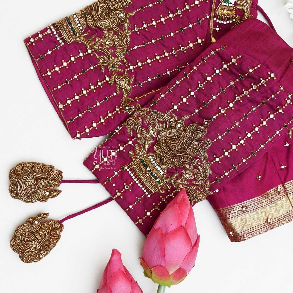 Magenta blouse with vertical line jhumka design Stitching