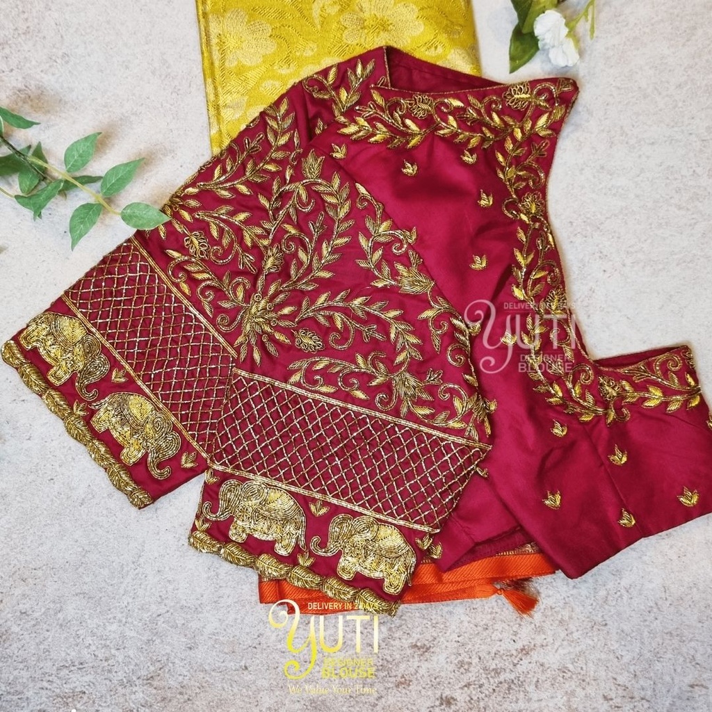 Maroon Floral with Elephant Motif design Stitching
