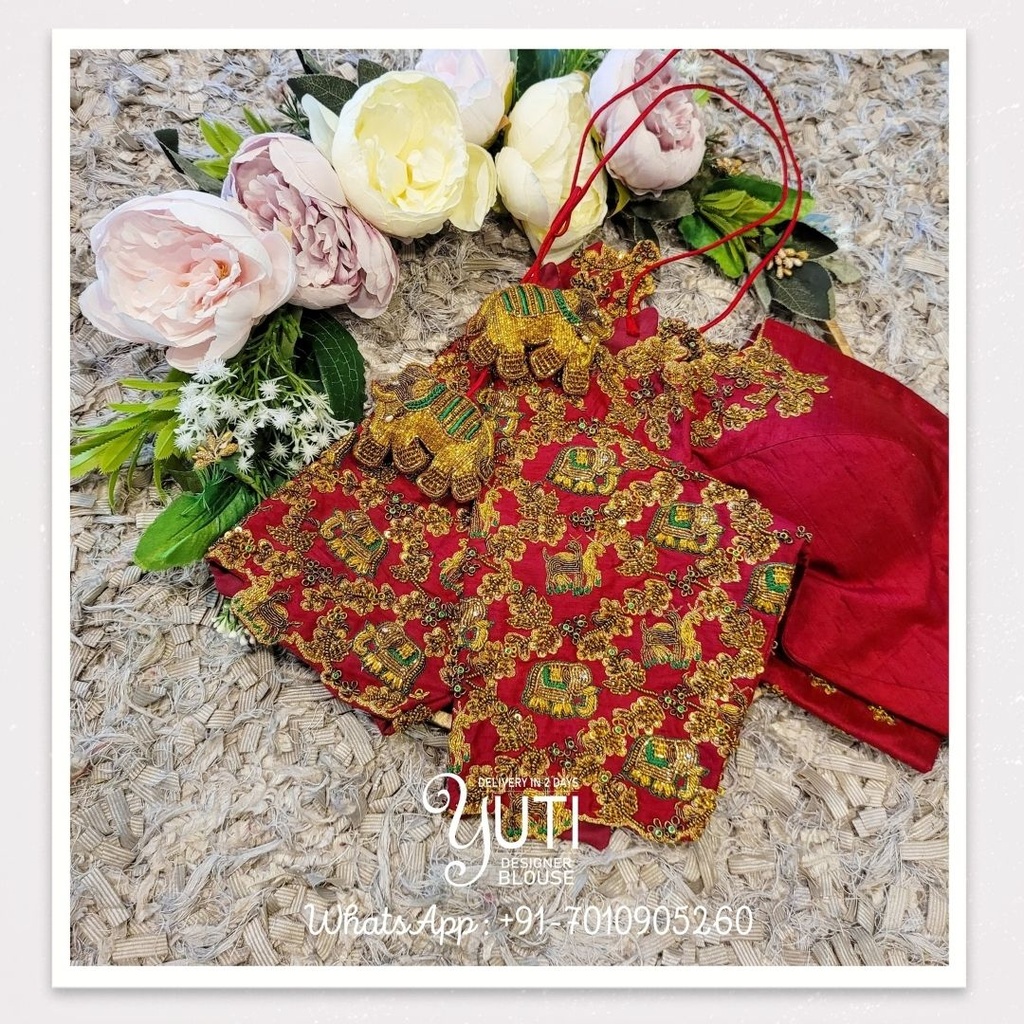 Maroon Floral with Elephant and deer design Stitching