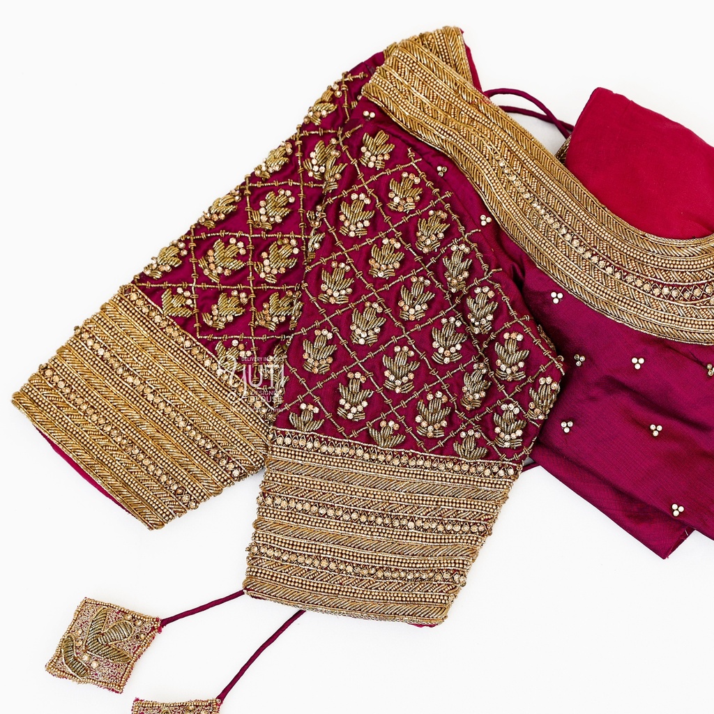 Maroon Zardosi checks bridal blouse Stitching
