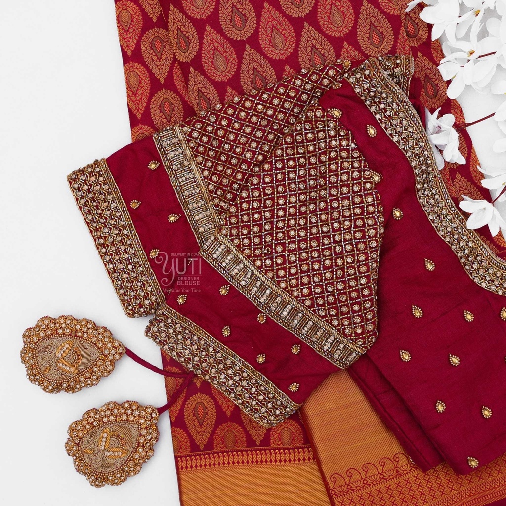Maroon checks bridal blouse Stitching