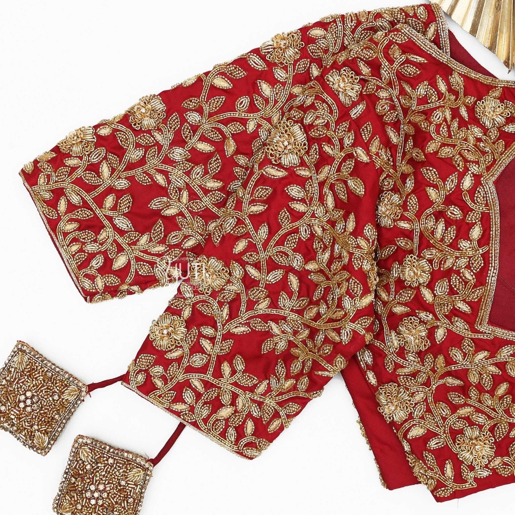 Maroon creeped floral bridal blouse Stitching