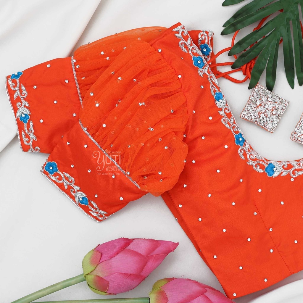 Orange creeped floral blouse Stitching
