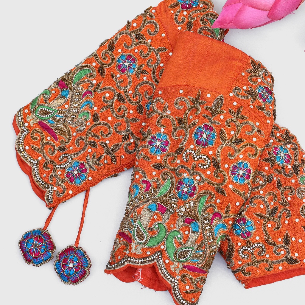 Orange peacock and creeper design blouse Stitching