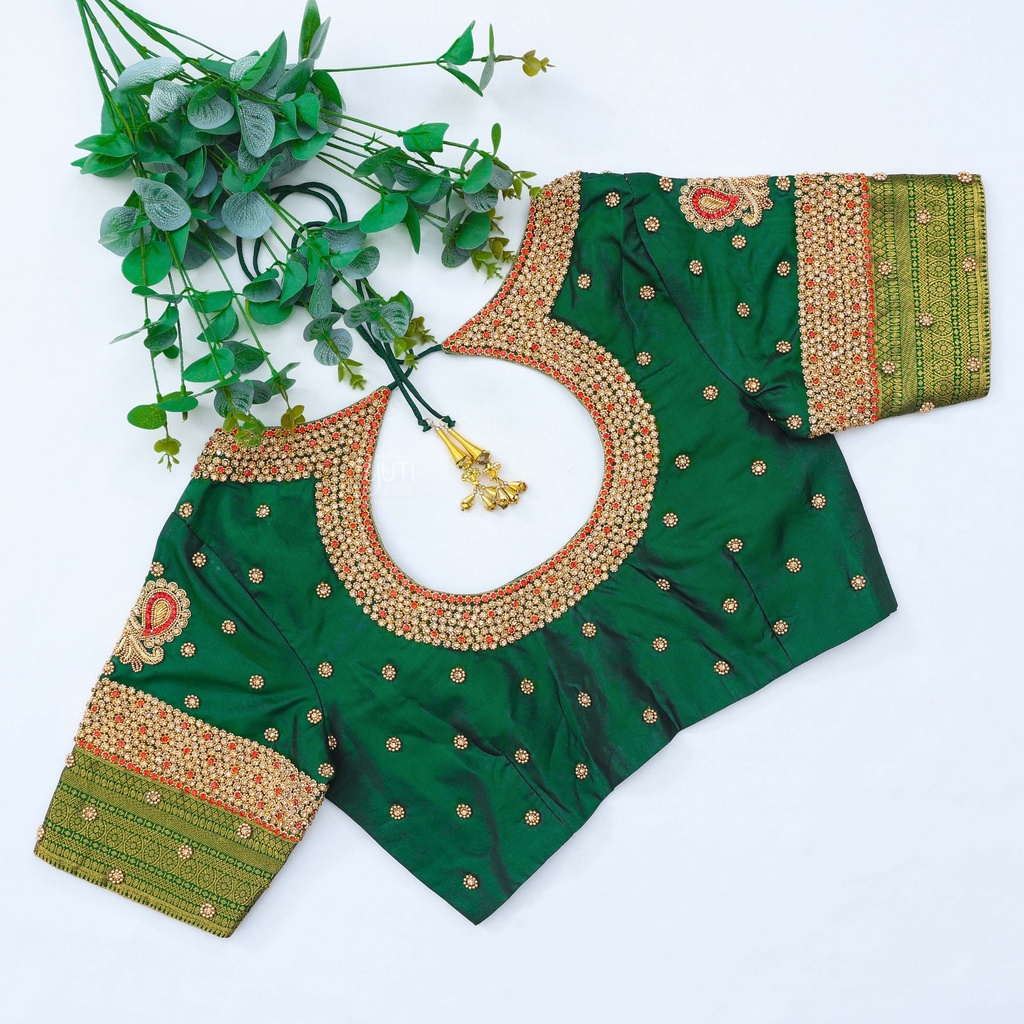 Our exquisite green color embroidery blouses Stitching