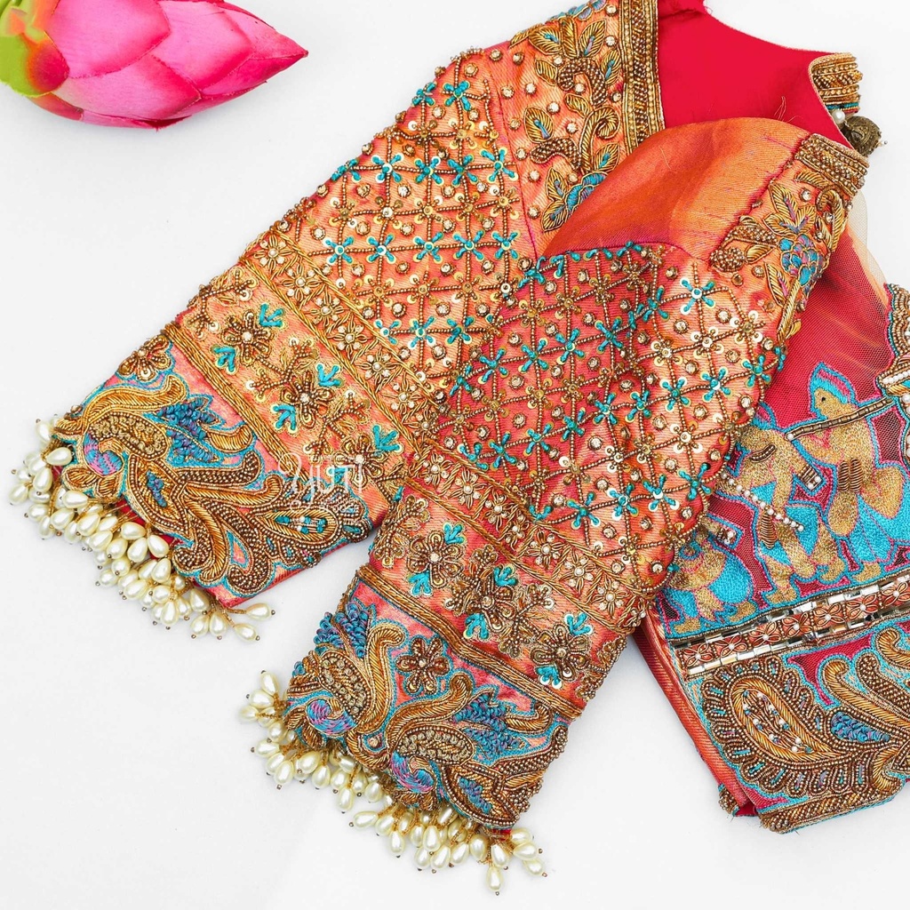 Peach palanquin bridal design blouse Stitching