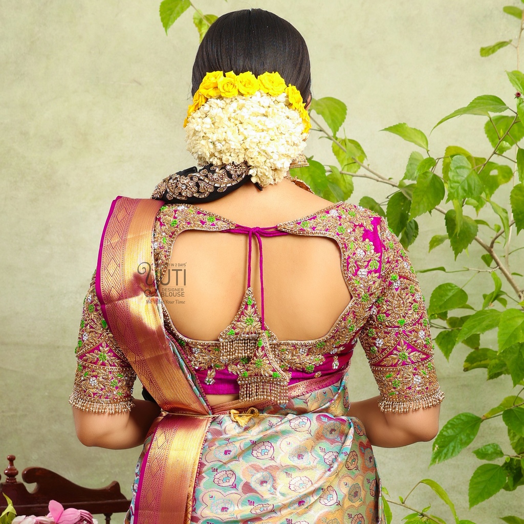 Perfect open neck pink embroidery bridal blouse Stitching