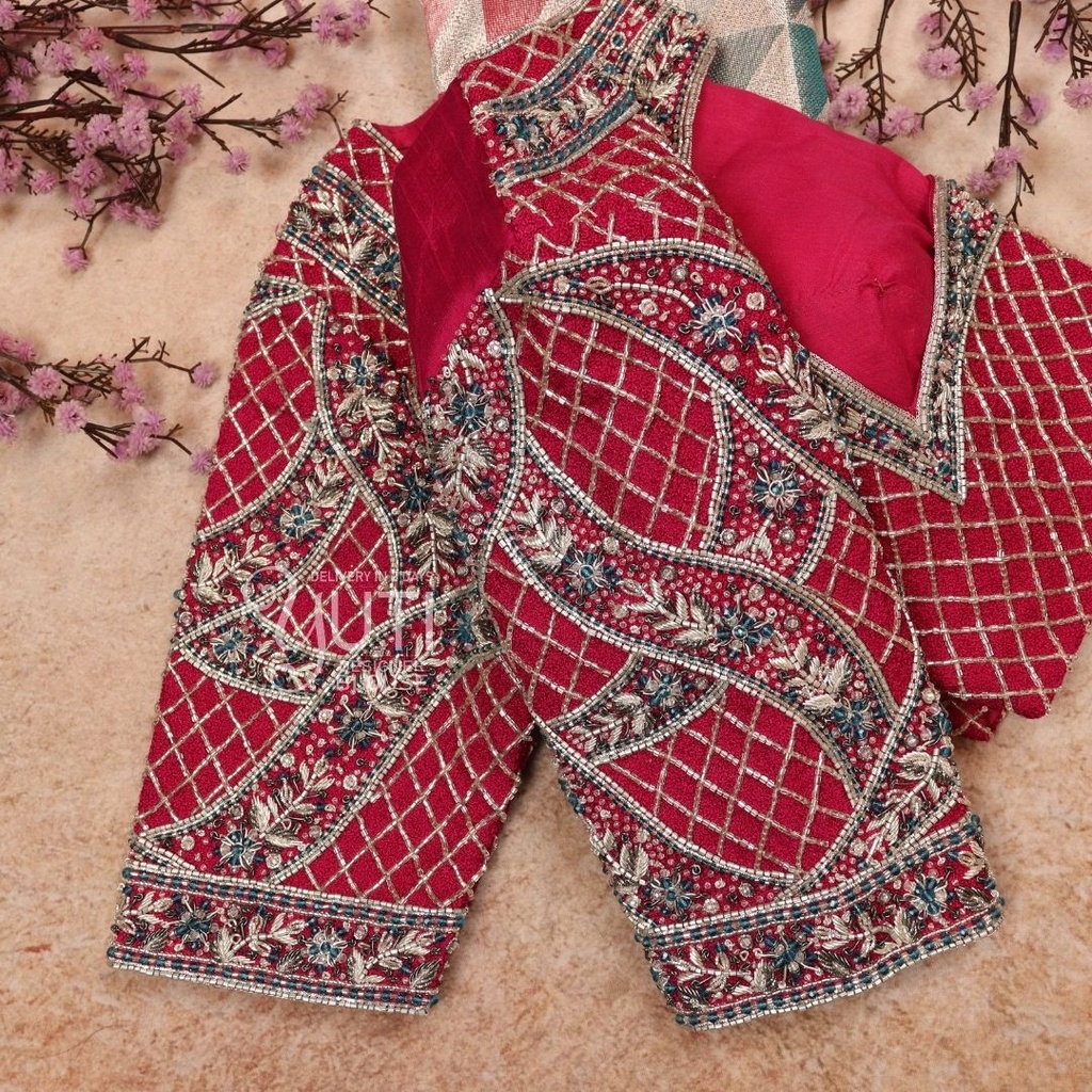 Pink Checked Design with floral Stitching