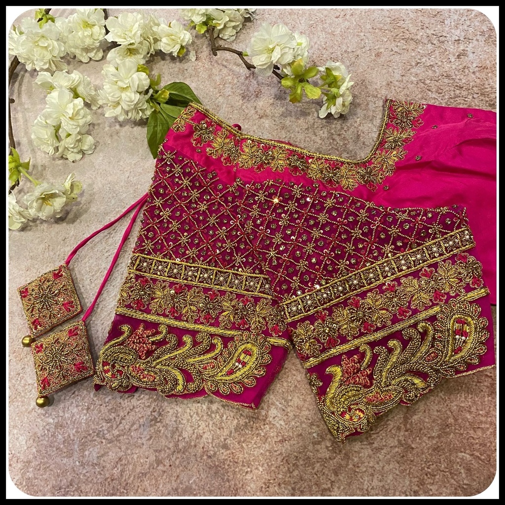 Pink Checks with Peacock Design Stitching