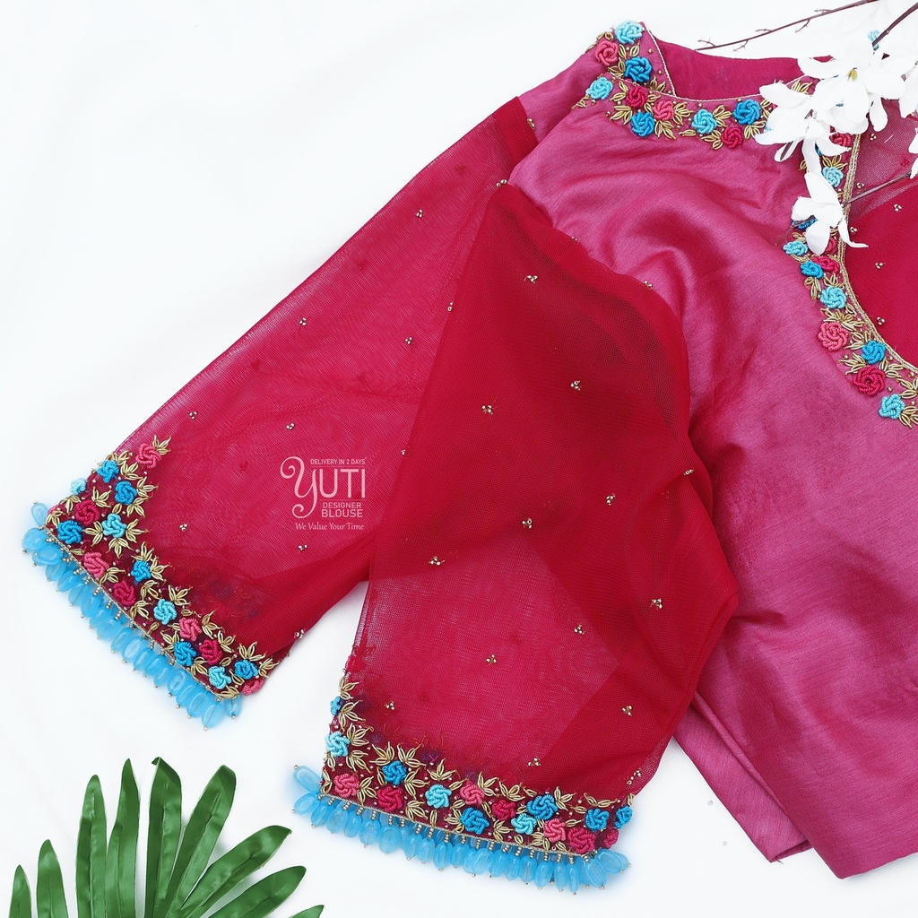 Pink Embossed floral design with gem hangings Stitching