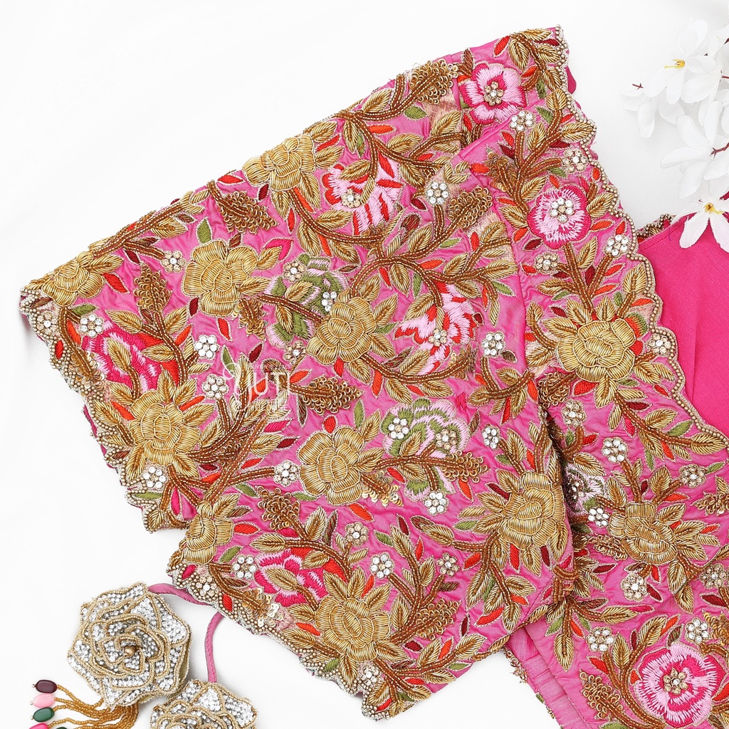 Pink Floral Zardosi bridal blouse Stitching