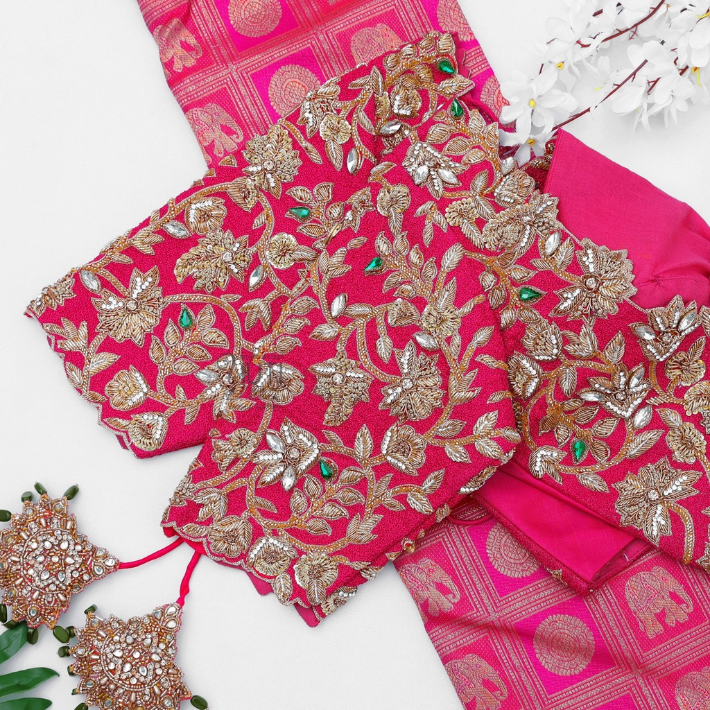 Pink Floral zardosi Bridal design Stitching