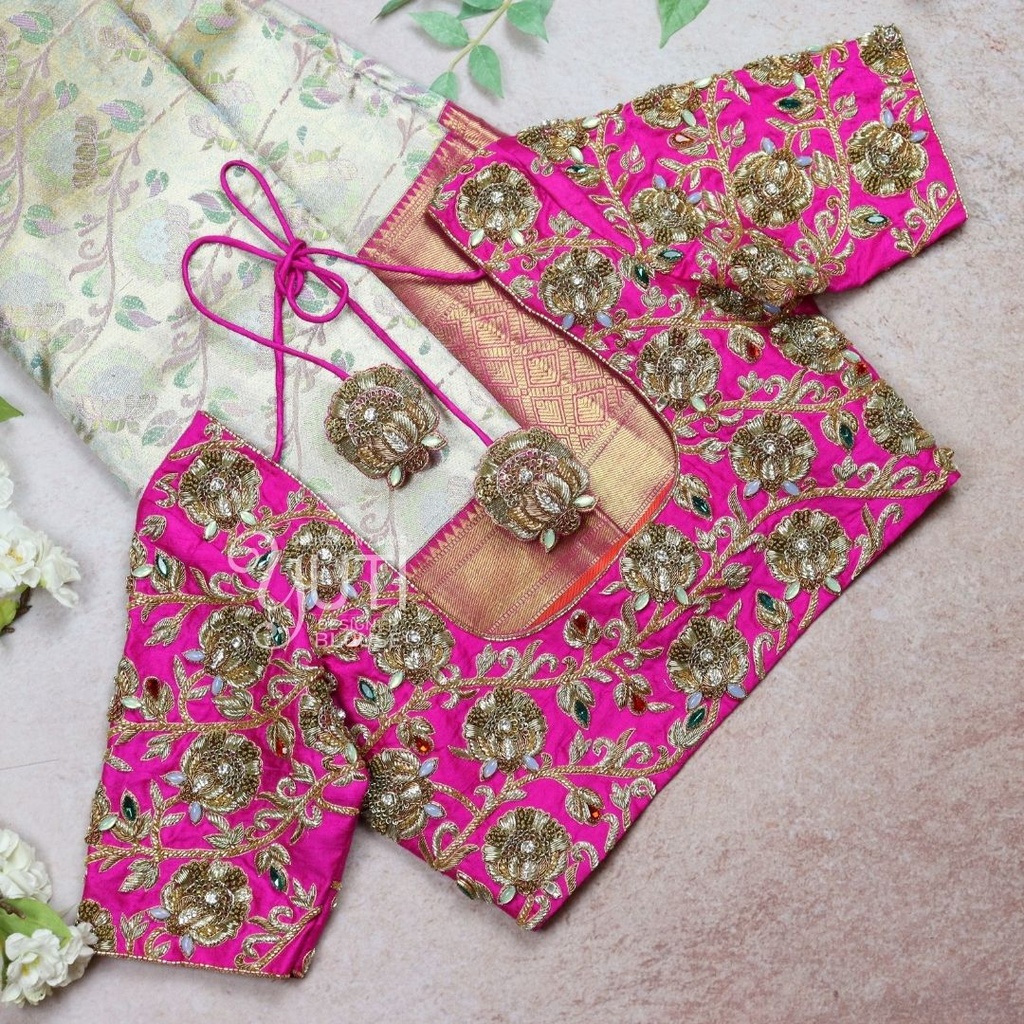 Pink Floral zardosi design Stitching