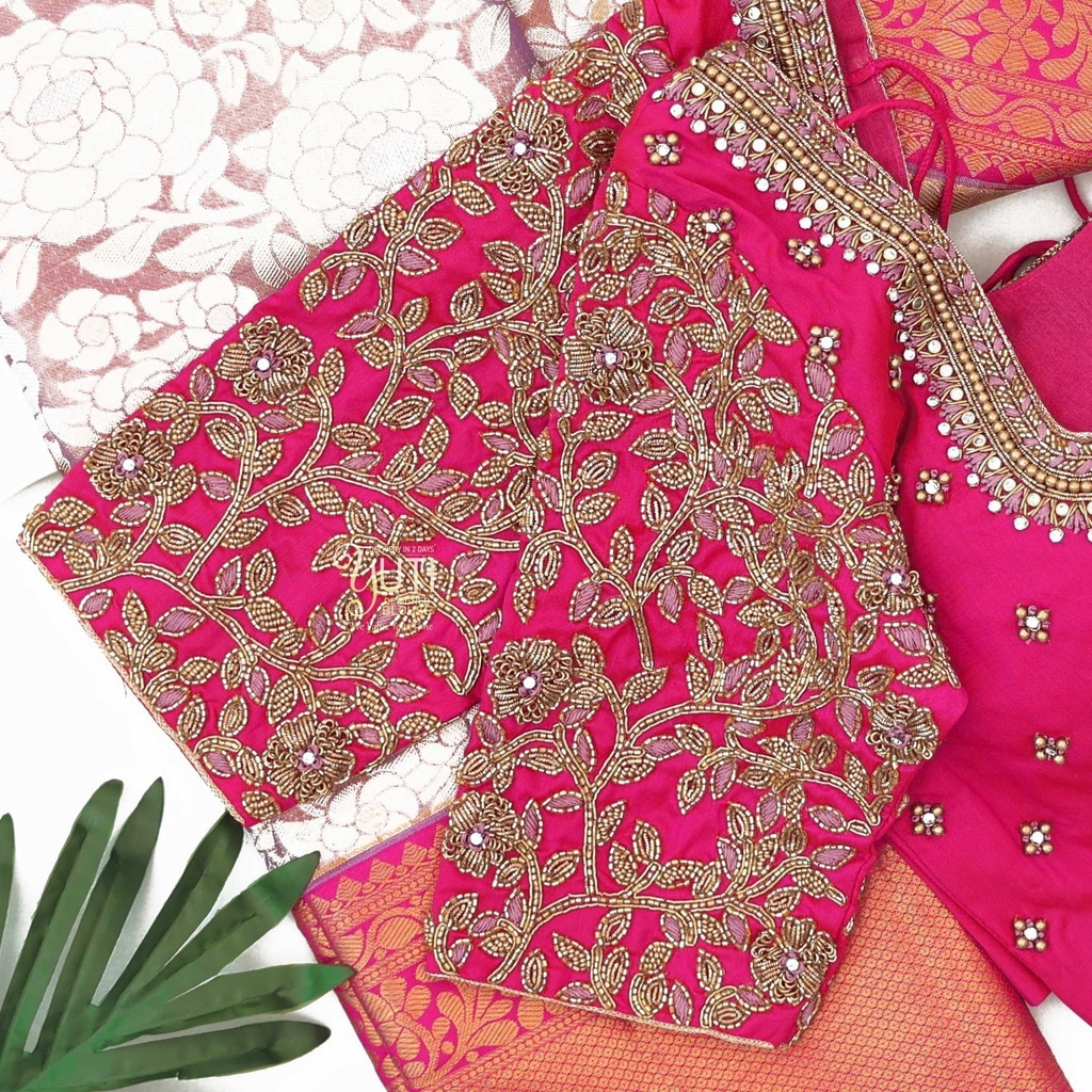 Pink blouse with contrast floral design Stitching