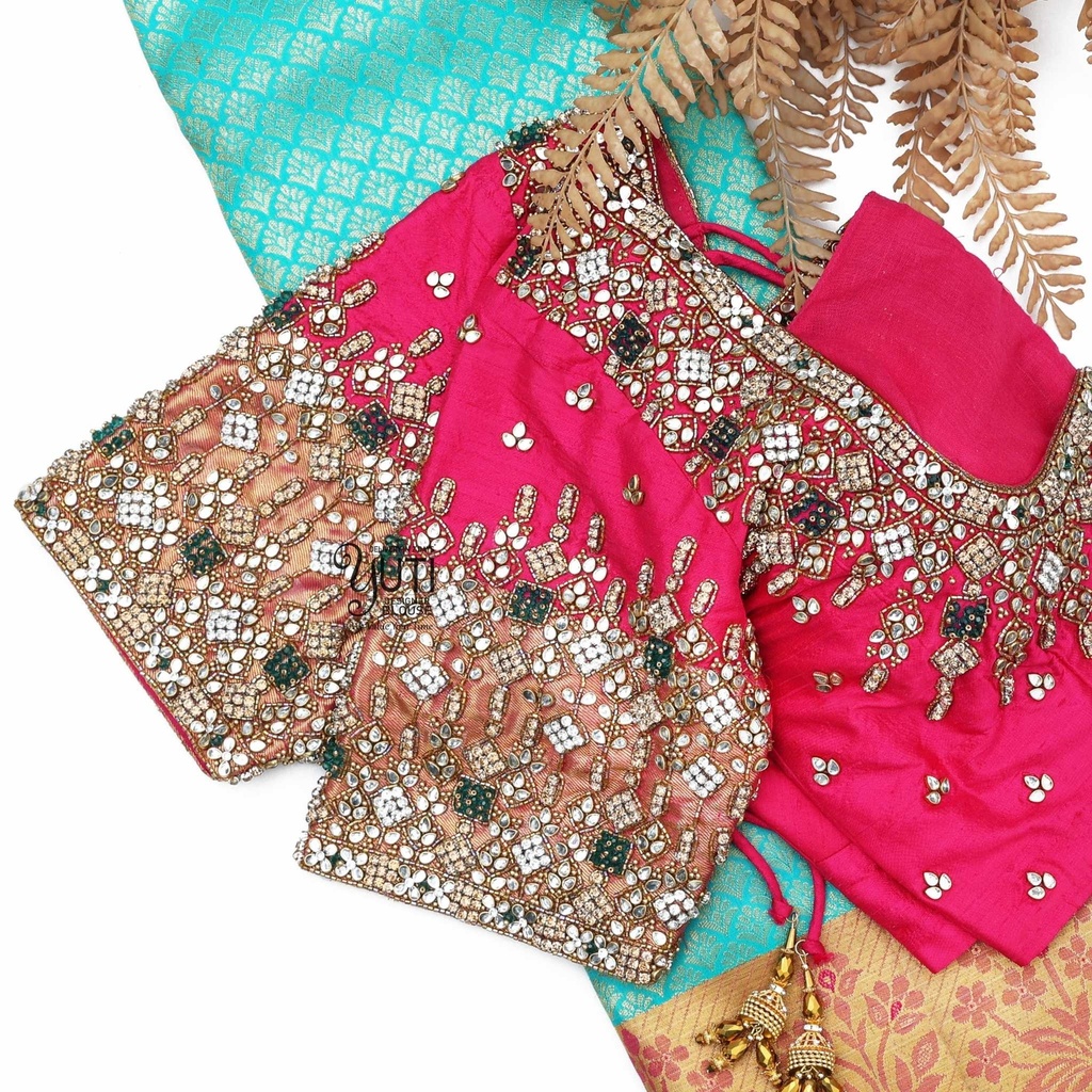 Pink blouse with kundan crystal Stitching