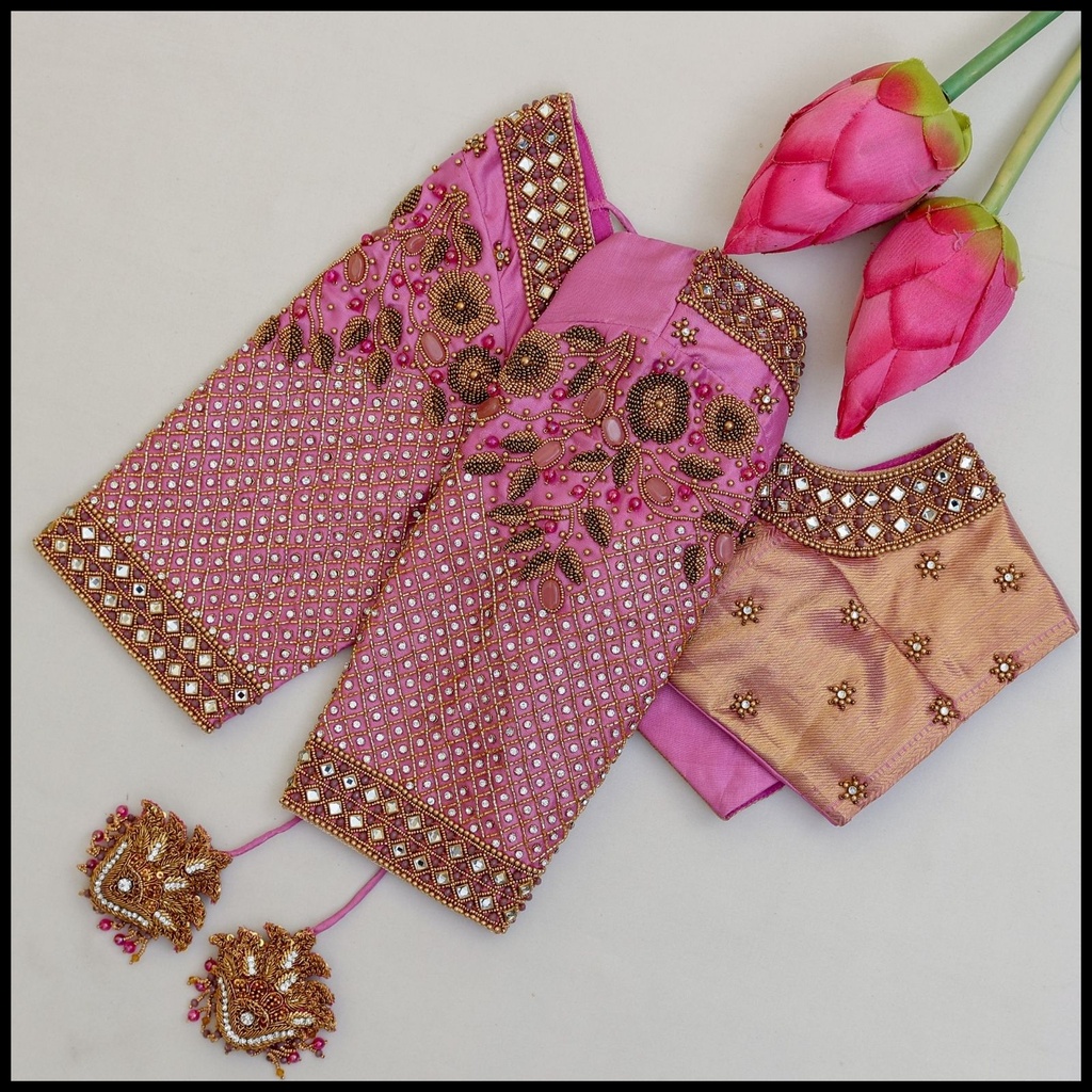 Pink checked floral design Stitching