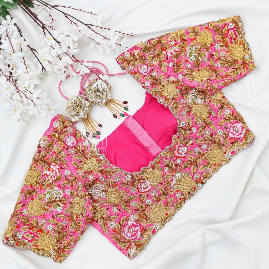 Pink embossed floral with cut work bridal Stitching