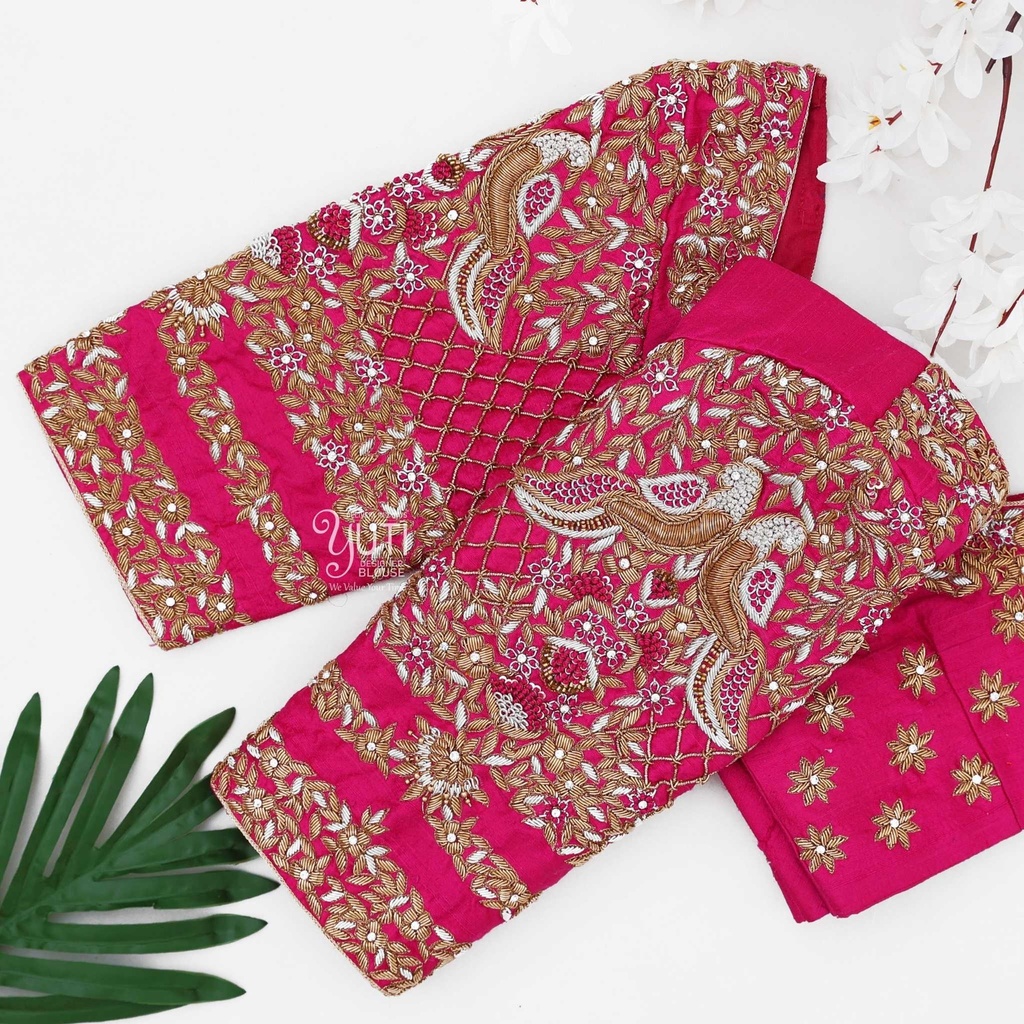 Pink embossed peacock bridal blouse Stitching