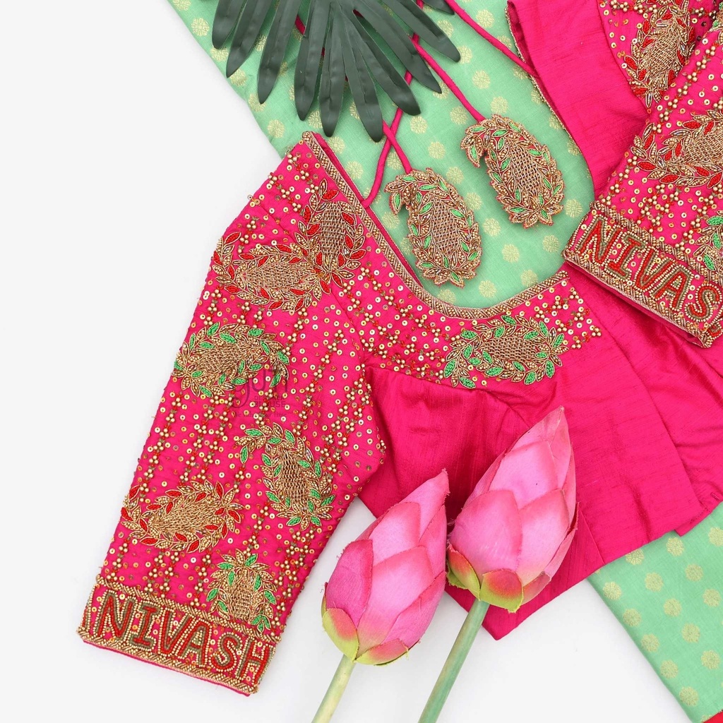 Pink mango motif bridal blouse Stitching