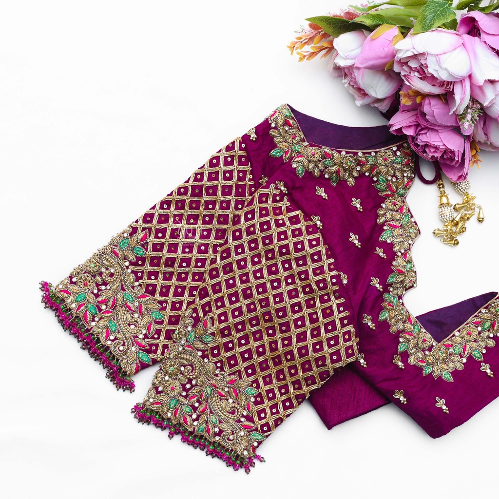 Purple Red  embroidery bridal blouse Stitching