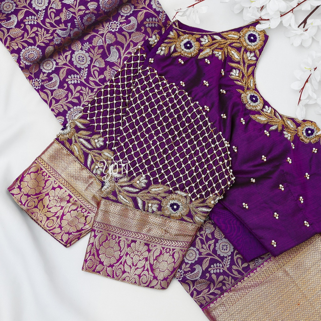 Purple checks and floral Zardosi design Stitching