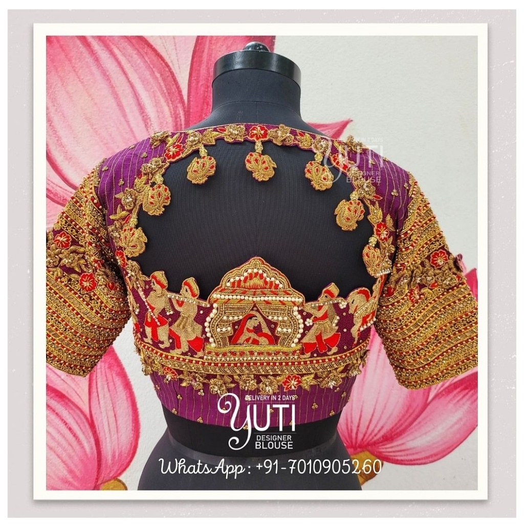 Purple palaquin design bridal blouse Stitching