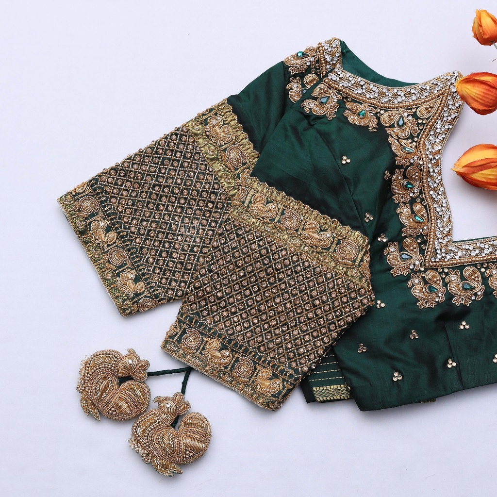 Racing Green  embroidery blouse Stitching