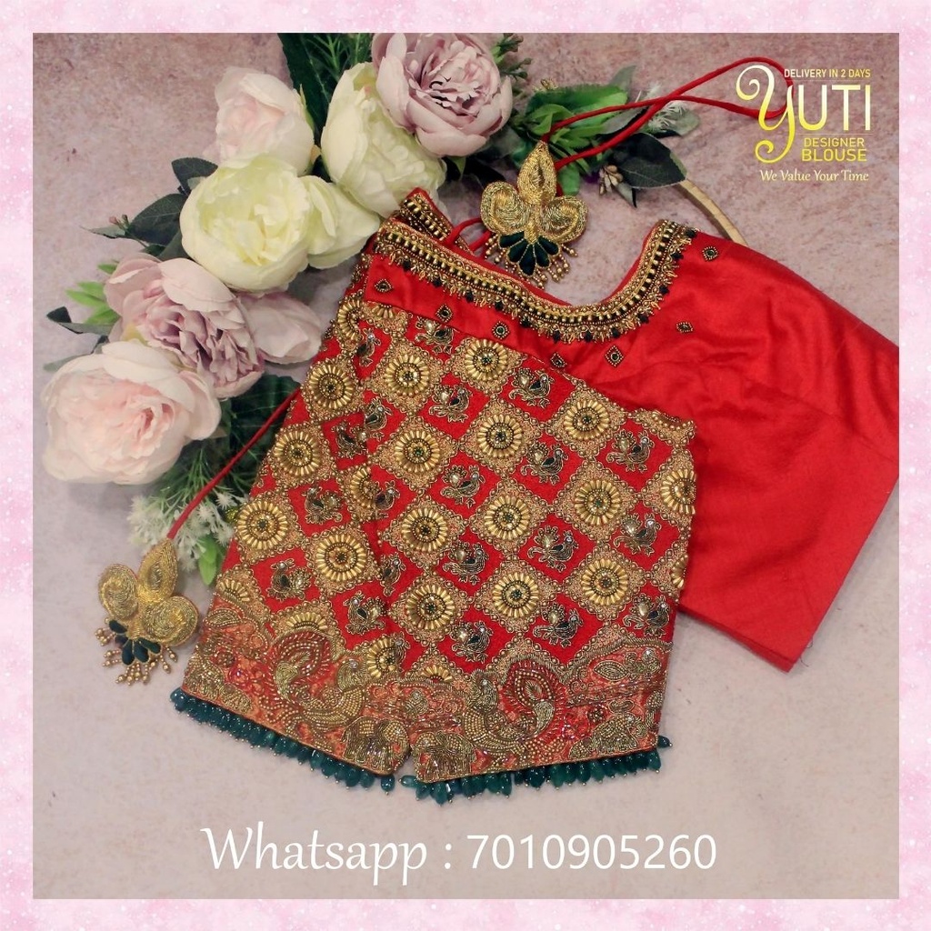 Red Checks Peacock Design Stitching