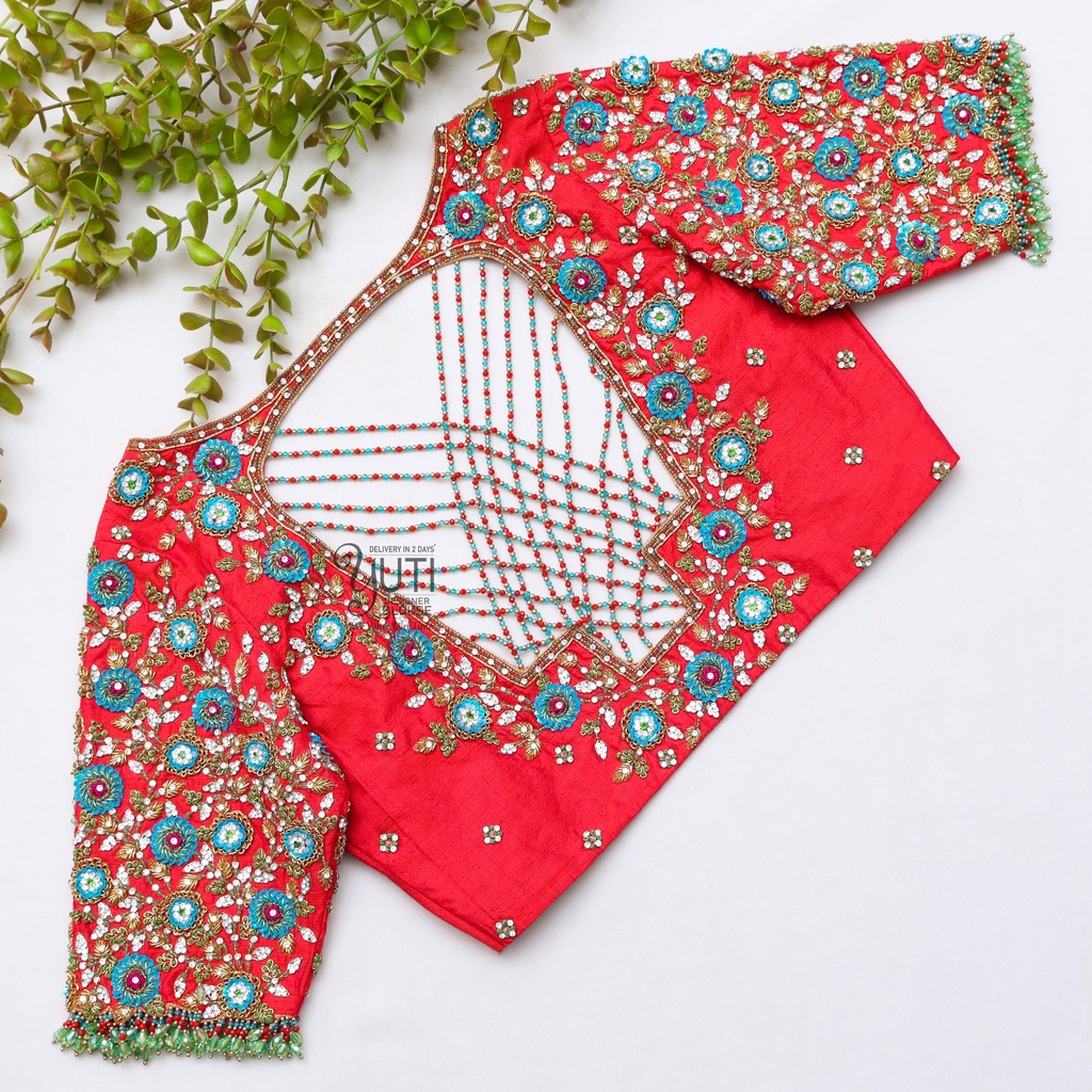 Red Floral Design Blouse Stitching