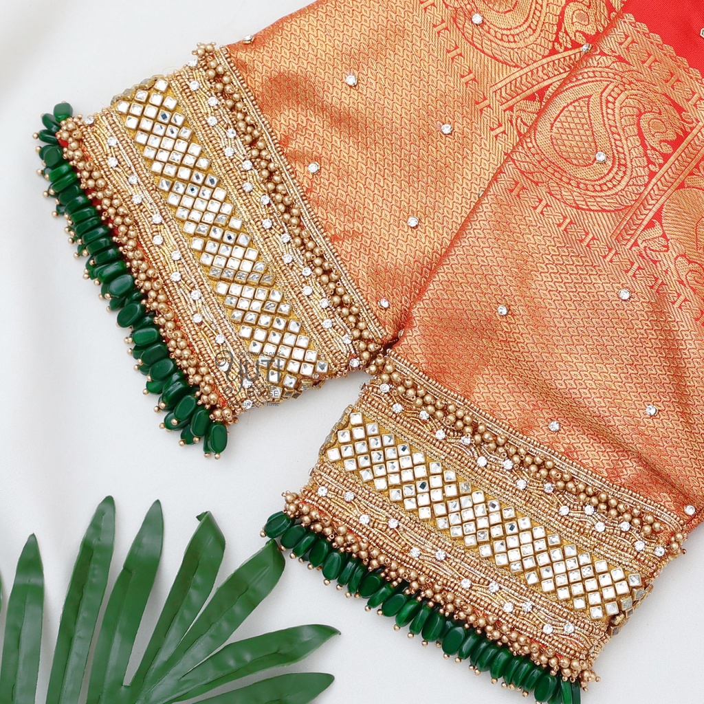 Red Kundan Design with Gem Hangings Stitching