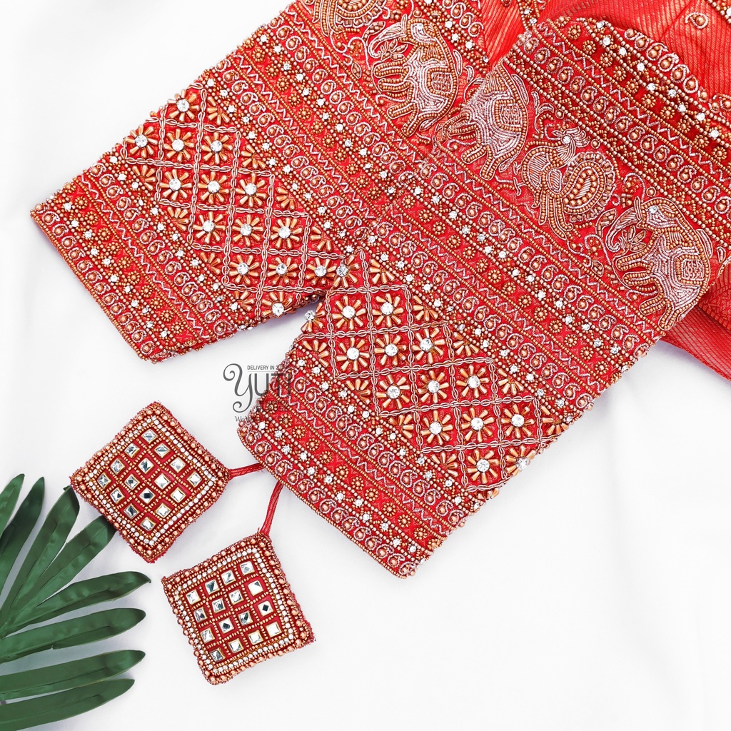 Red Peacock and Elephant Highlight Bridal Design Stitching