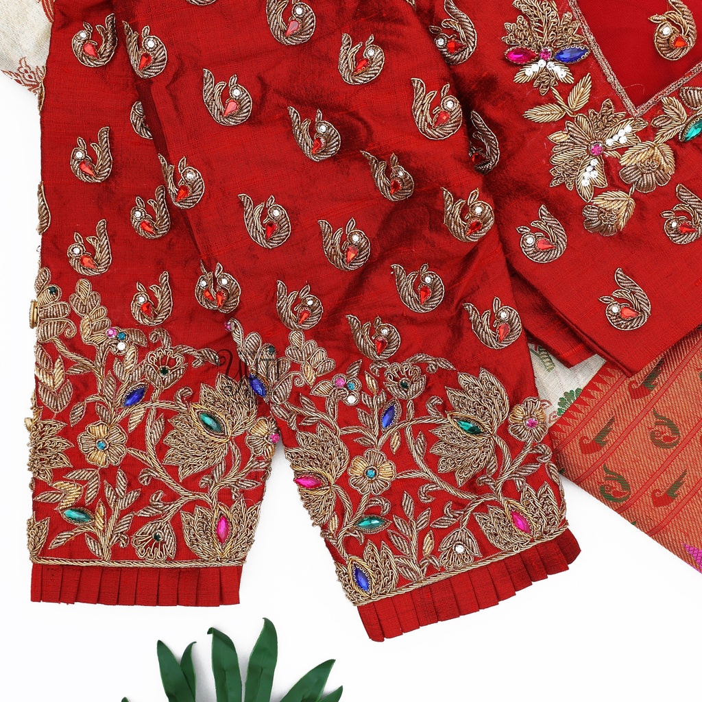 Red Peacock and floral designer blouse Stitching