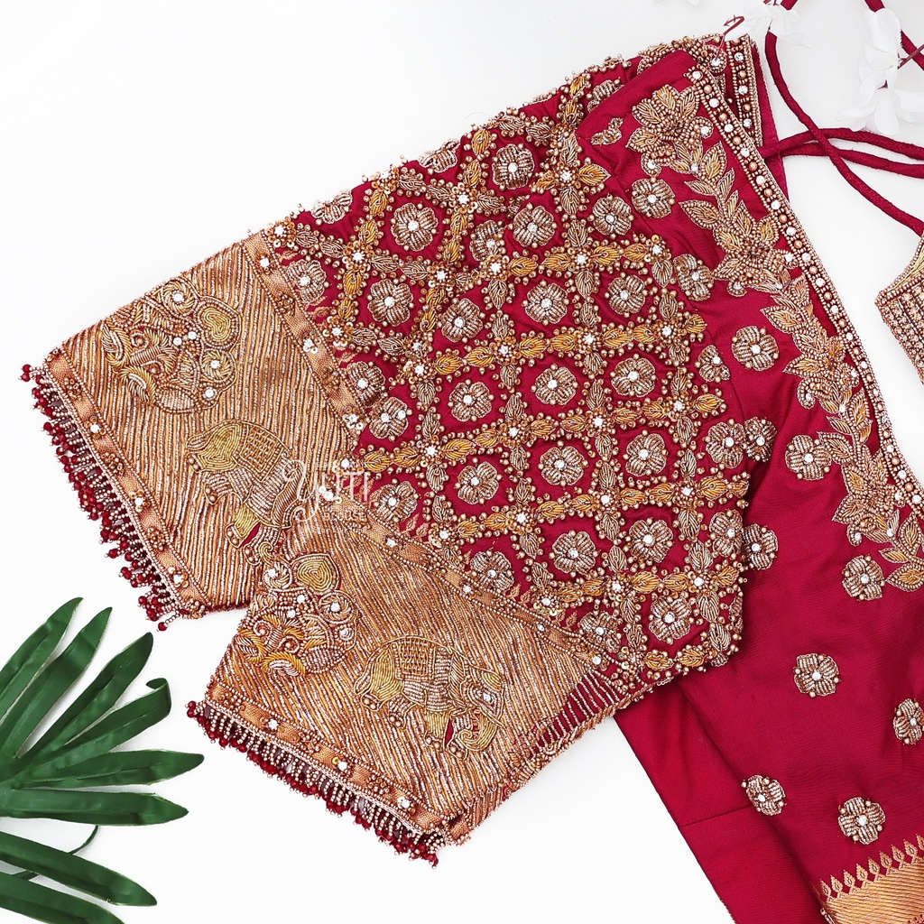 Red Zardosi checks design with Highlight Stitching