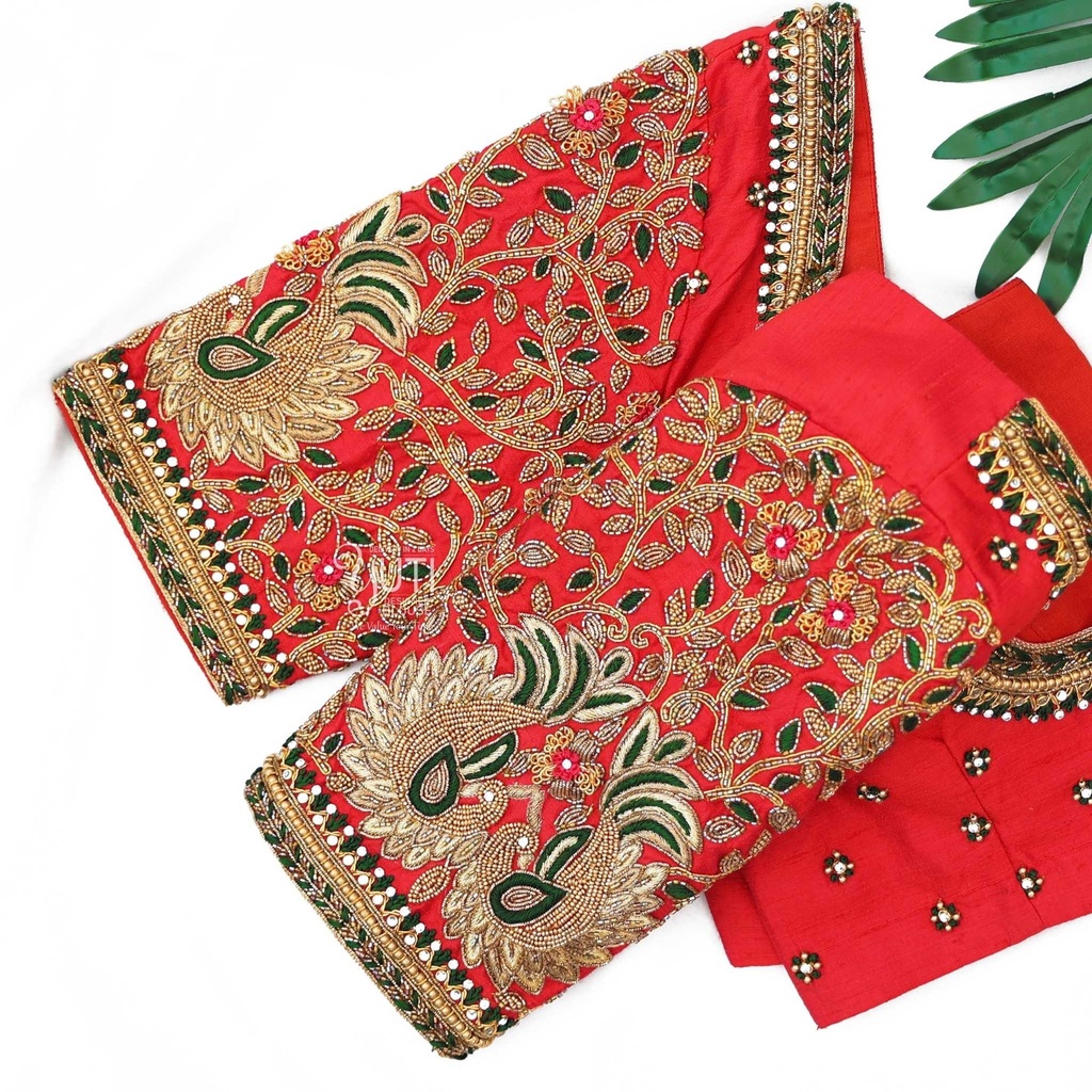 Red blouse with contrast floral design Stitching