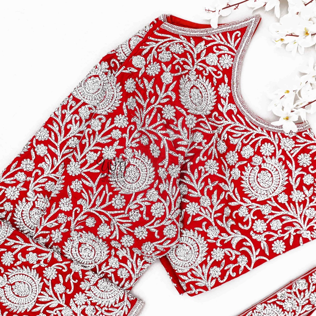 Red blouse with zaricone flower design Stitching