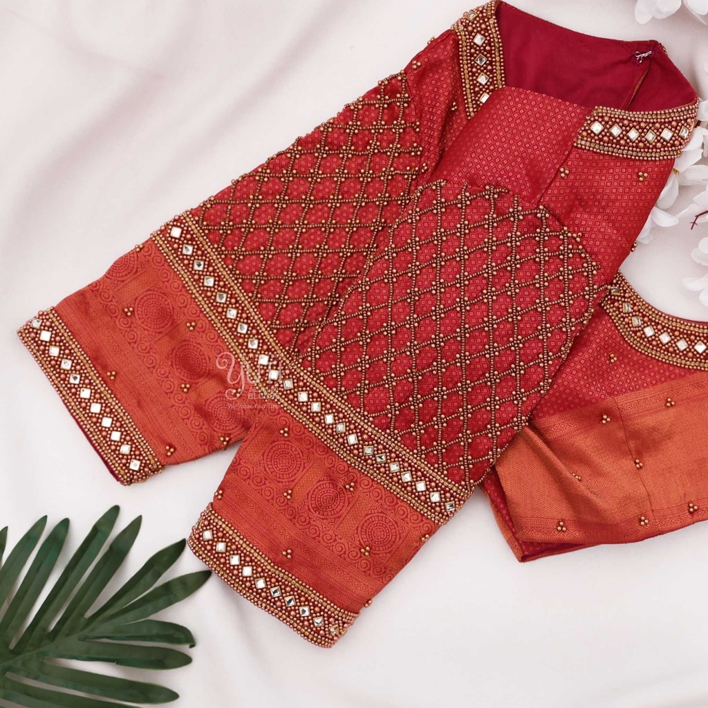 Red checked kundan bridal blouse Stitching