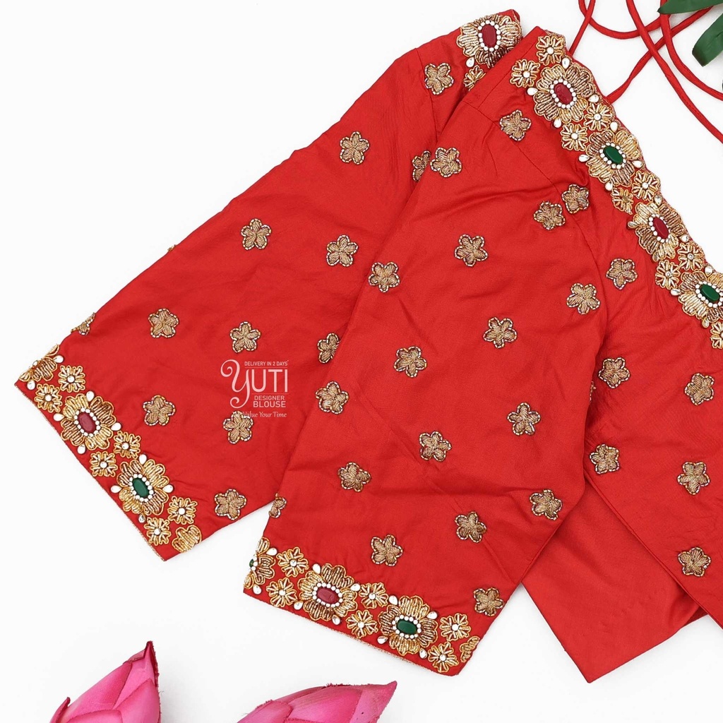 Red gemstone floral bridal blouse Stitching