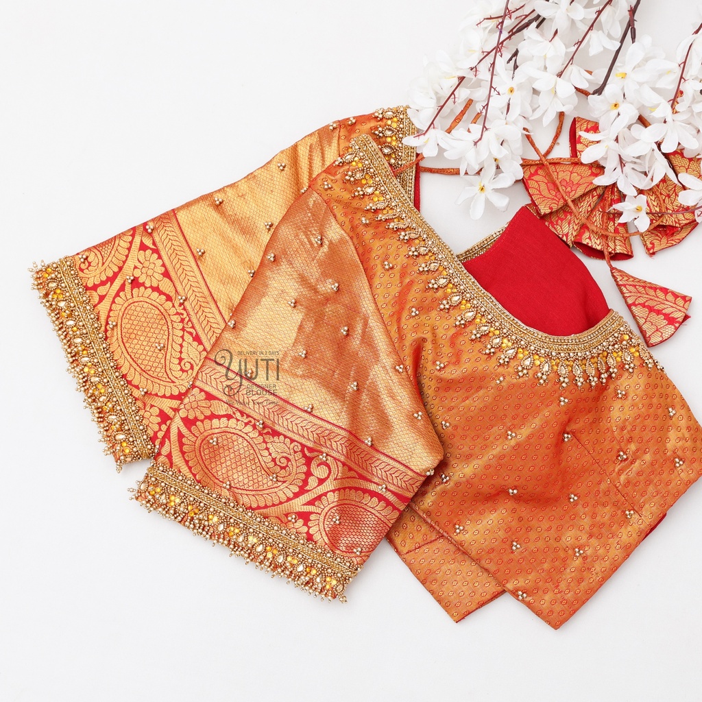 Red tissue Traditional kundan design Stitching