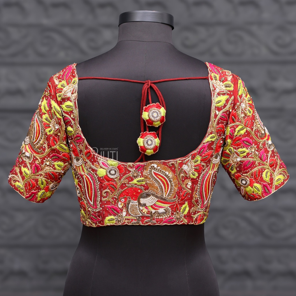 Red with green embroidery blouse | Grand bridal blouse |SIZE 36 (adjustable up to 32 - 38) Stitching