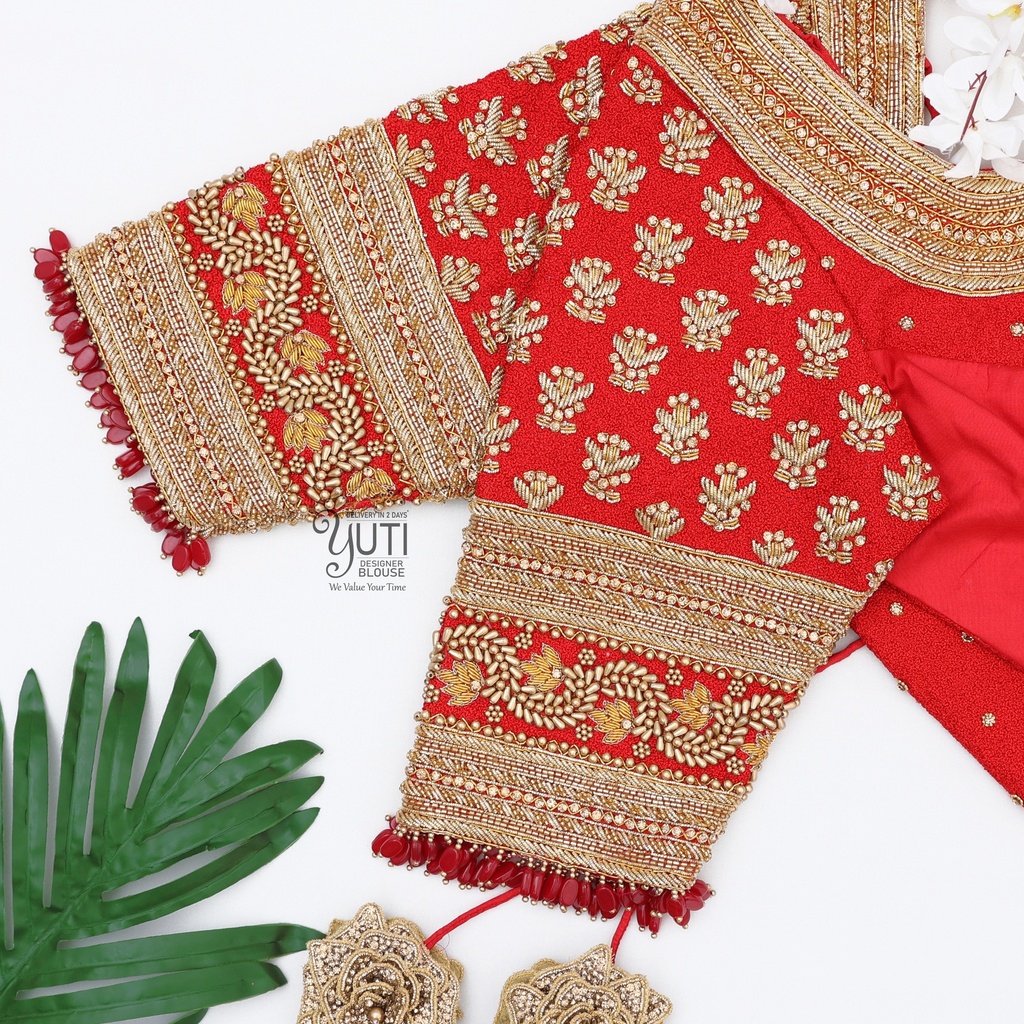 Red zardosi floral design Stitching
