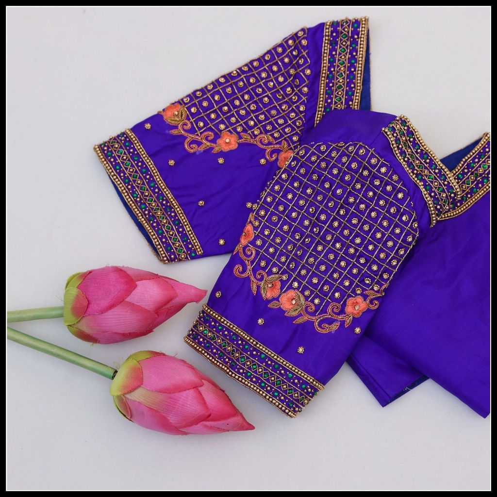 Royal Blue Checks with Floral Design  Stitching