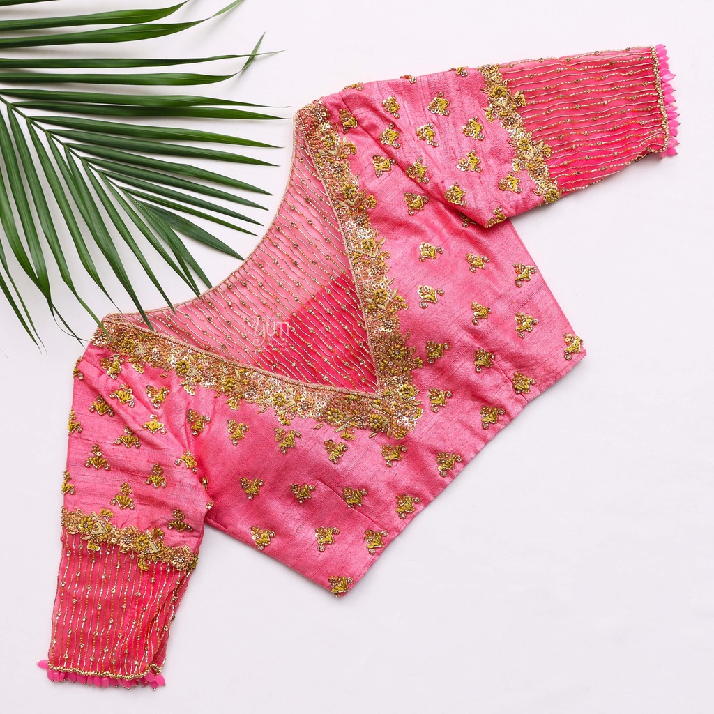 Salmon Pink Embroidery Blouse Stitching