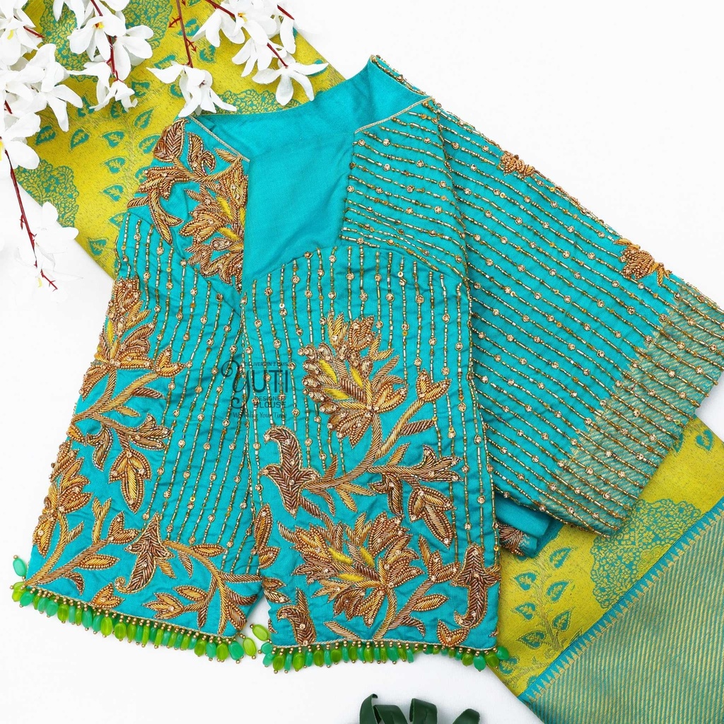 Sea blue with floral and line Stitching