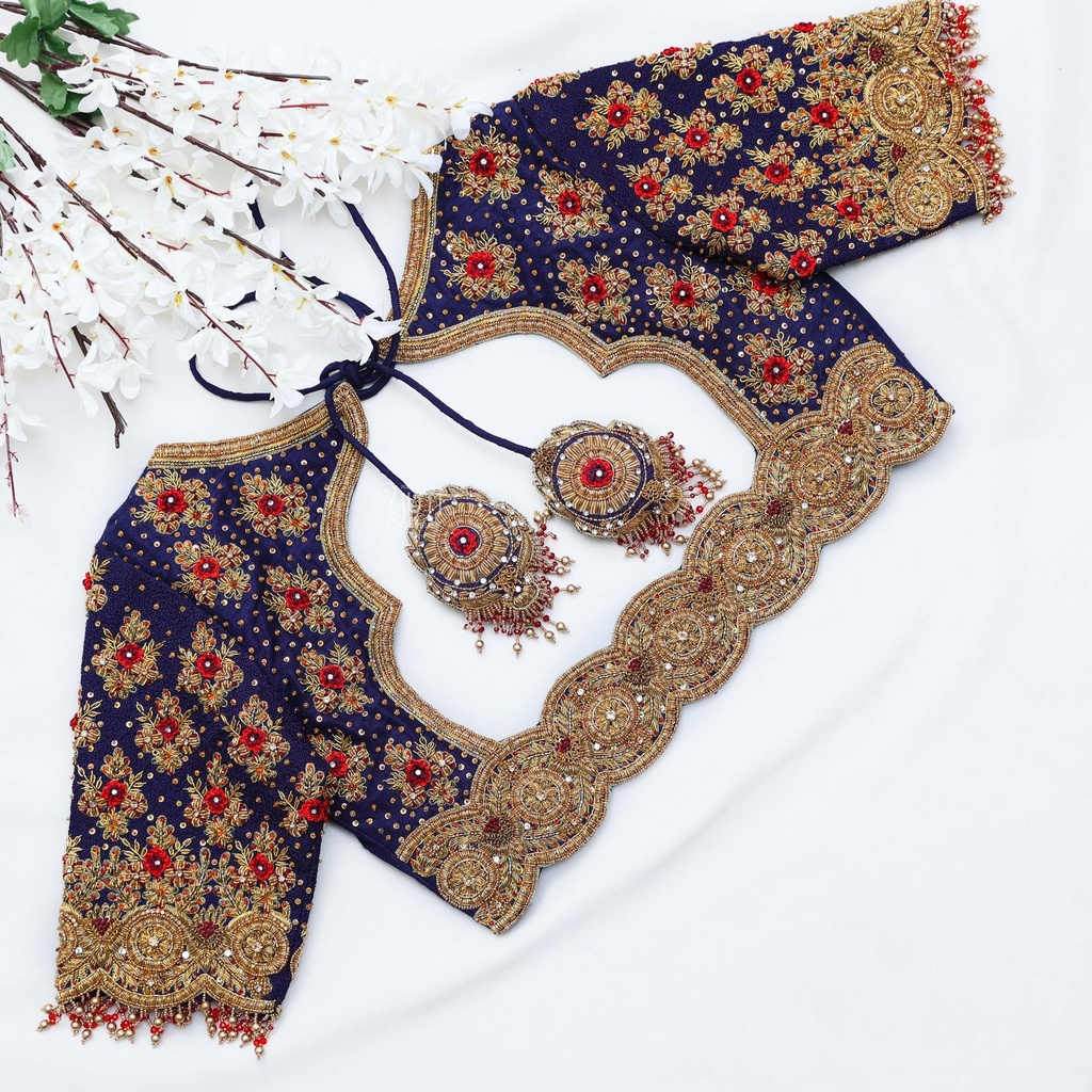 Simply blooming Navy blue blouse with golden Embroidery Designs Stitching