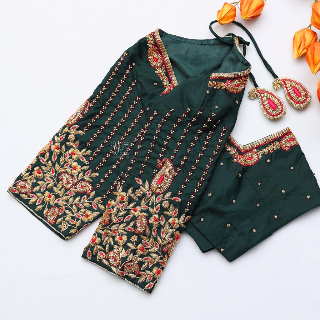Step into the spotlight with a dark green Aari bridal blouse that exudes grace and charm Stitching