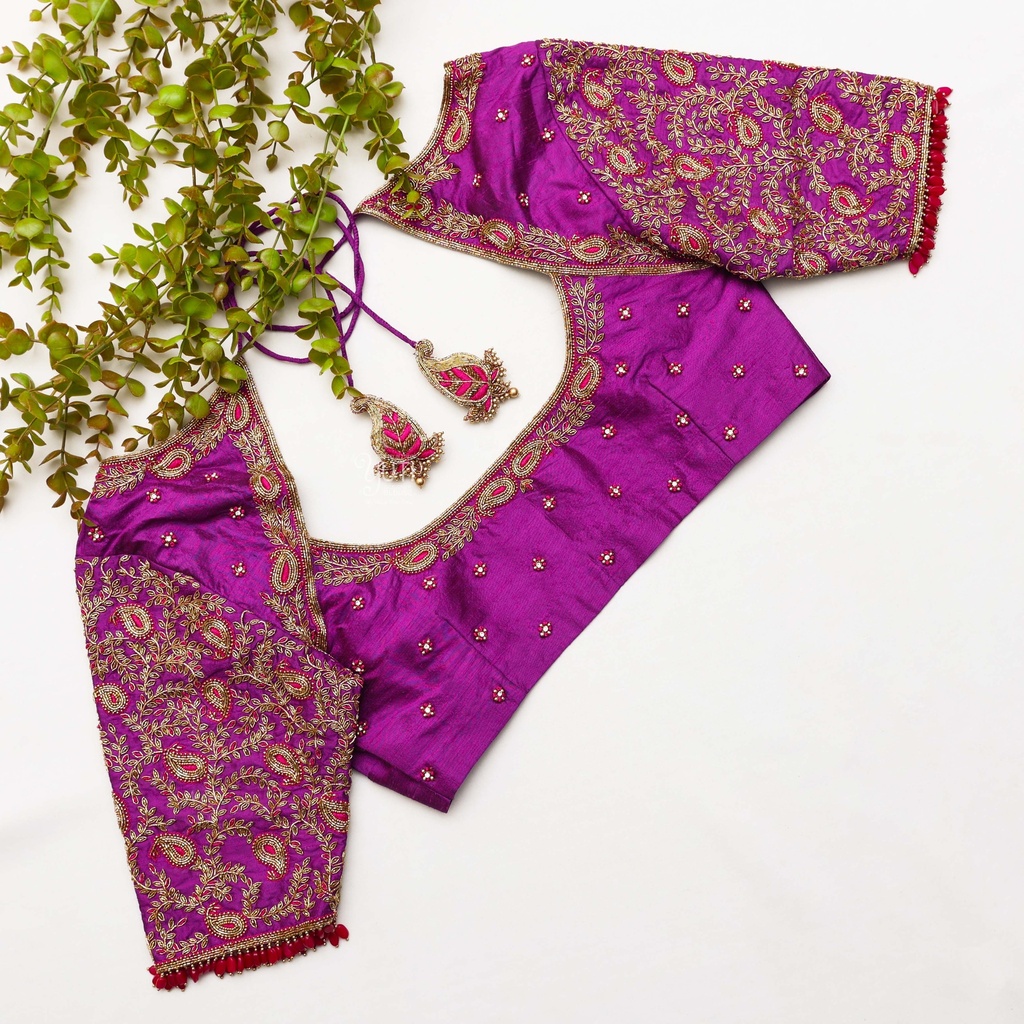 Stepping into married life with a touch of warmth Loving this beautiful purple bridal blouse Stitching