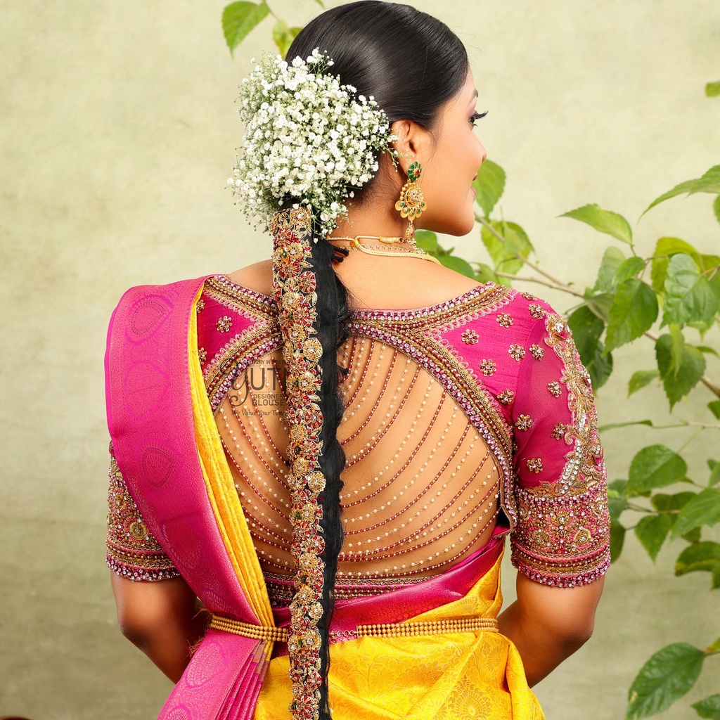 Stunning pink open back embroidery Bridal Blouse Stitching