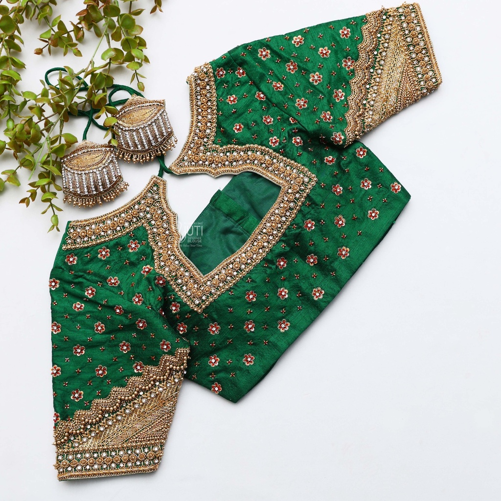 The epitome of elegance with our exquisite collection of Dartmouth Green Bridal Blouses Stitching