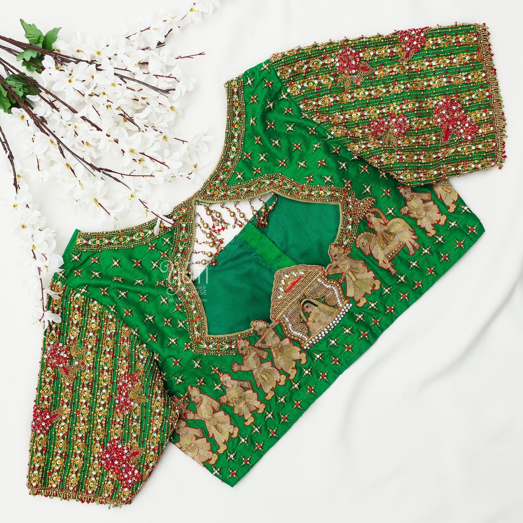 Traditional Green Pallakku Bridal Blouse Stitching
